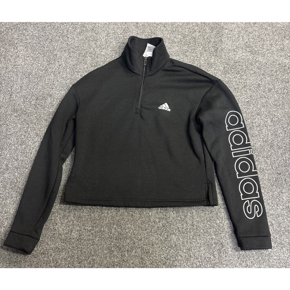 ADIDAS Womens Medium Black Cropped Logo Sleeve Sweatshirt Pullover 1/4 Zip